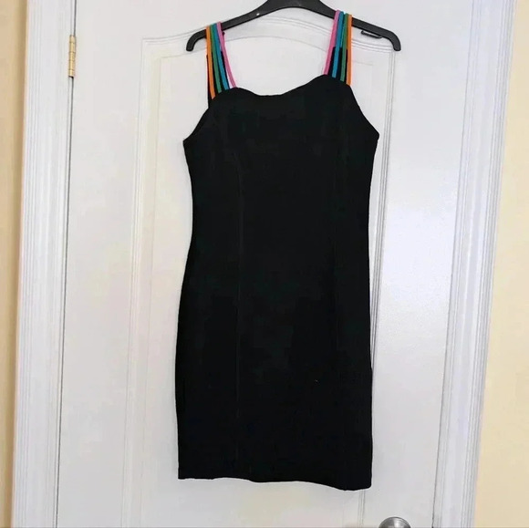 Vintage Simon Chang size M  black dress with colourful straps - Picture 1 of 7
